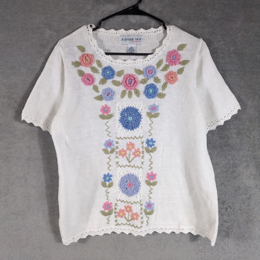 VTG Bedford Fair Lifestyles White Floral Short Sleeve Knit Sweater SM Grannycore